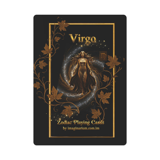 the Virgo Poker Cards - Zodiac Playing Cards Virgo Golden Symbol on Black Background and Spiral Star System