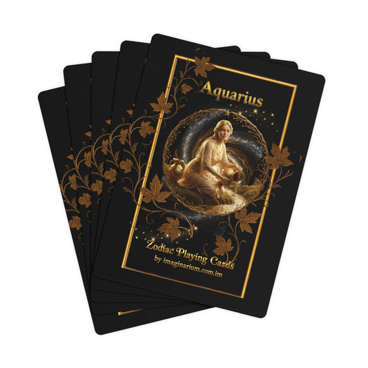 the Aquarius Poker Cards - Zodiac Playing Cards Aquarius Golden Symbol on Black Background and Spiral Star System