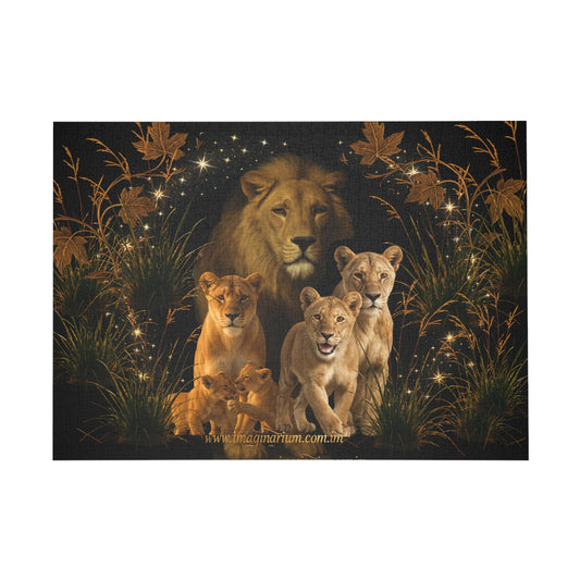 Lion and cubs in a grassy field with a starry night sky