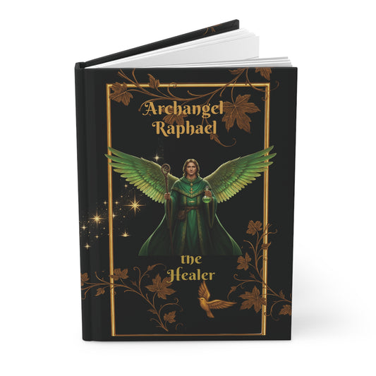 Book titled 'Archangel Raphael the Healer' with an illustration of an angel on a black background.
