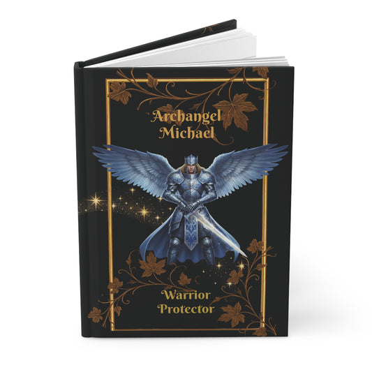 Book with an illustration of Archangel Michael on a black cover with gold accents