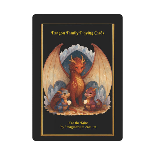 Playing card with dragons and 'Dragon Family Playing Cards' text on a black border