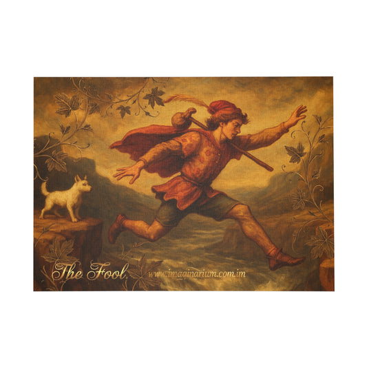 Painting of a character labeled 'The Fool' with a dog on a rocky landscape.