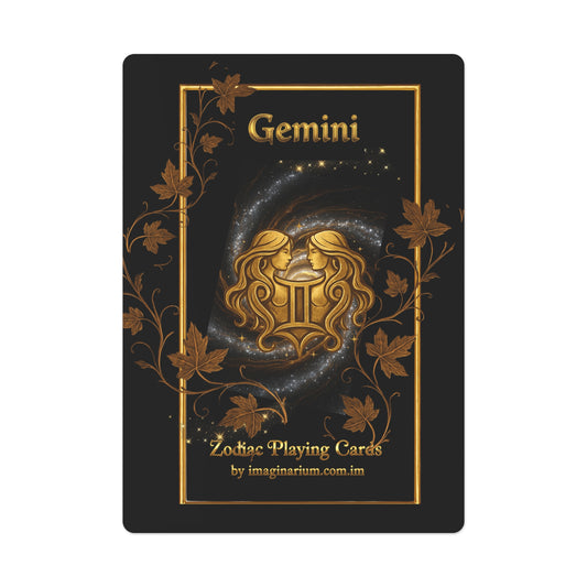 Card with Gemini zodiac design on a black background