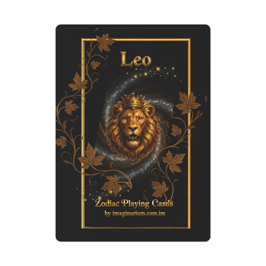 Zodiac Playing Cards for Leo with lion illustration and decorative elements on a black background