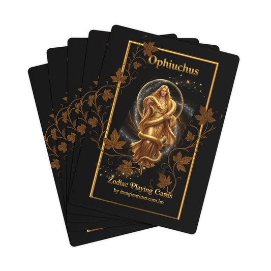 Playing cards with Ophiuchus design on a black background