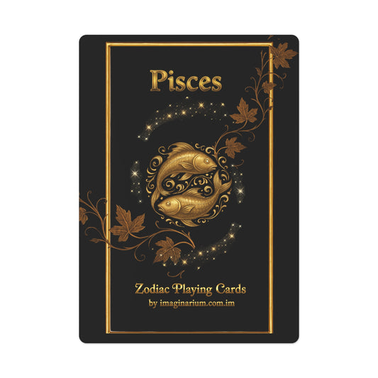 Pisces zodiac playing cards with gold design on black background