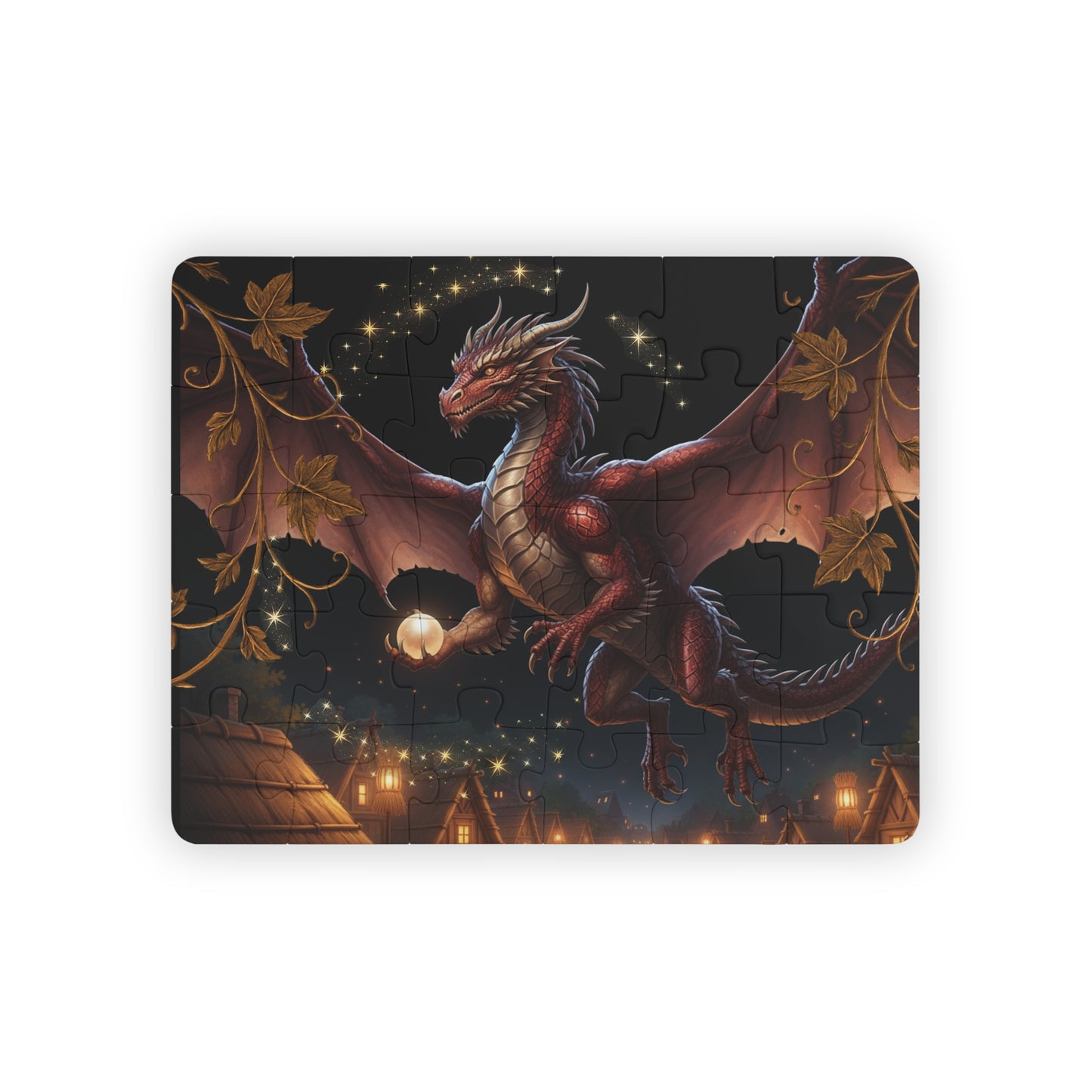 Jigsaw puzzle with a dragon design on a dark background