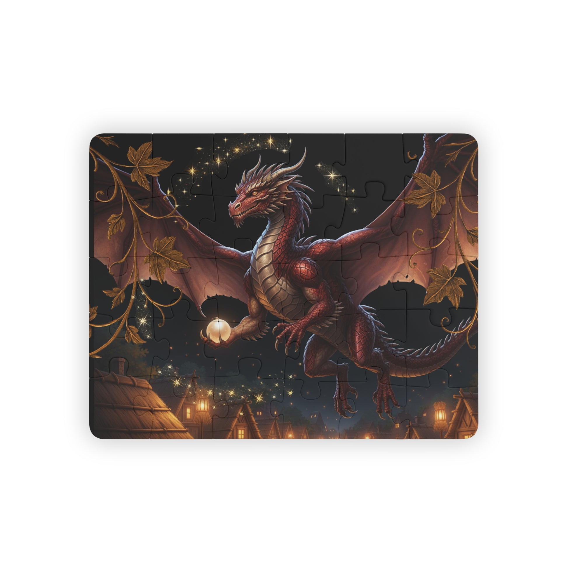 Jigsaw puzzle with a dragon design on a dark background