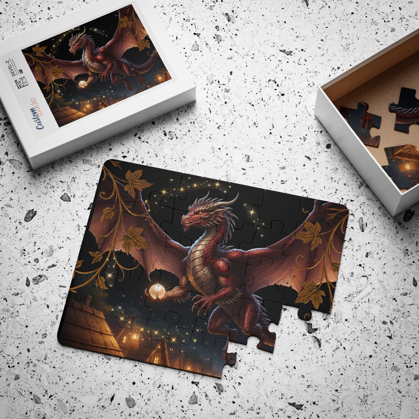 Dragon-themed puzzle with packaging on a textured surface