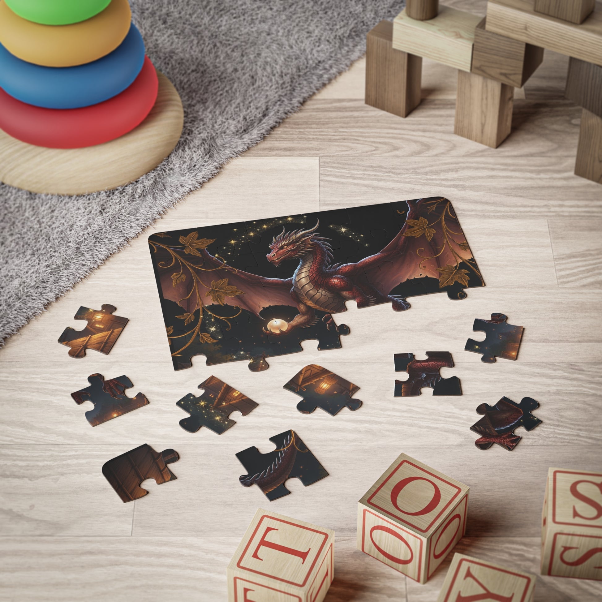 Children's puzzle with dragon design on a wooden floor with toys around