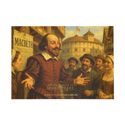 image of william shakespeare out globe theatre spruiking his play Macbeth to an excited crowd, gold on brown and tan 