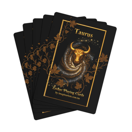 Set of Taurus-themed playing cards with a black and gold design on a white background