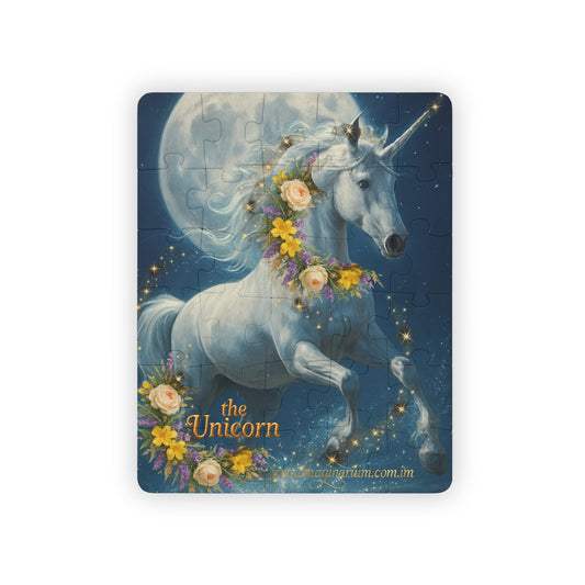 Unicorn puzzle with floral wreath against a night sky background