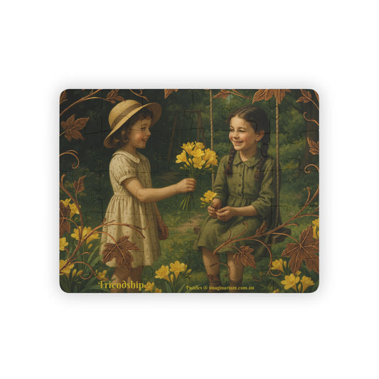 Canvas print of two children in a garden with yellow flowers, featuring the word 'Friendship'.