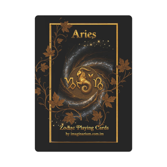 Aries zodiac playing card with decorative border and branding on a black background